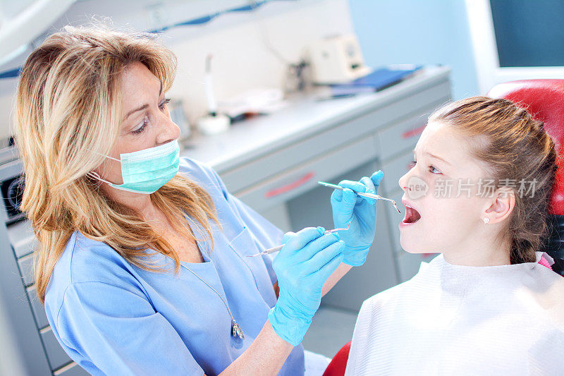 年轻的女孩正在牙科诊所接受专业女牙医的牙齿检查。