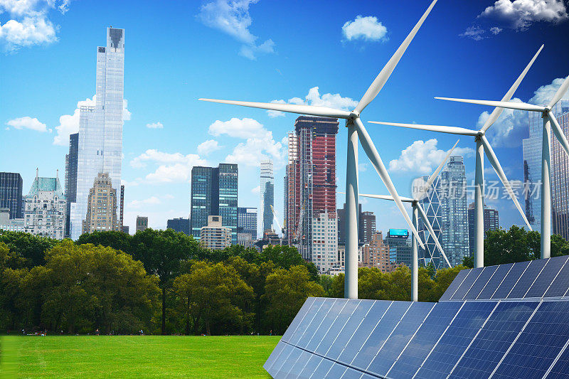 未来绿色城市的概念，仅由可再生能源提供动力
