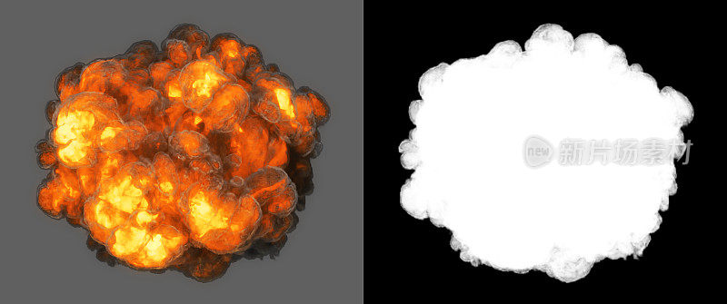 顶视图爆炸与烟雾进入摄像头(alpha通道和剪切路径包括在内，所以你可以放置自己的背景)