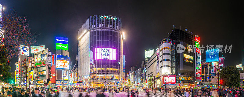 东京涉谷十字路口人群霓虹夜景天际线城市全景日本