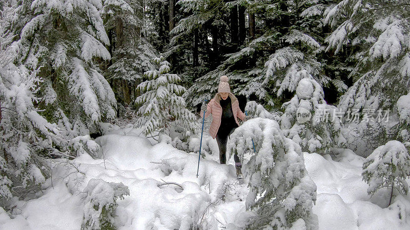 一名女性徒步旅行者穿过白雪覆盖的森林