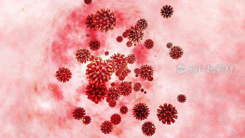 粘膜上的红色冠状病毒三维模型。4k循环平滑动画病毒漂浮在液体中。科学微生物学背景，病毒3d渲染。11