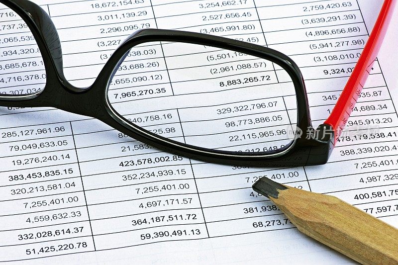 眼镜和铅笔在财务报表上。