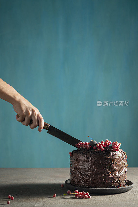 巧克力蛋糕，上面有红醋栗冻浆果和切刀