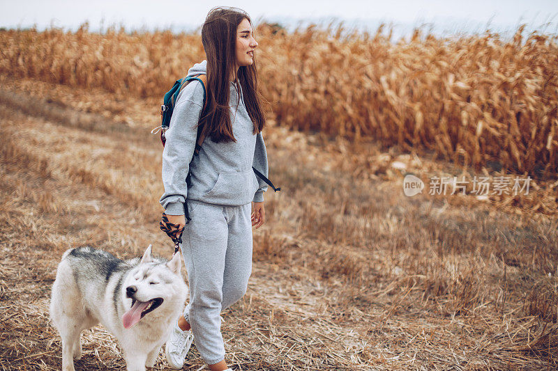 小女孩带着宠物狗在夕阳下的草地上徒步旅行