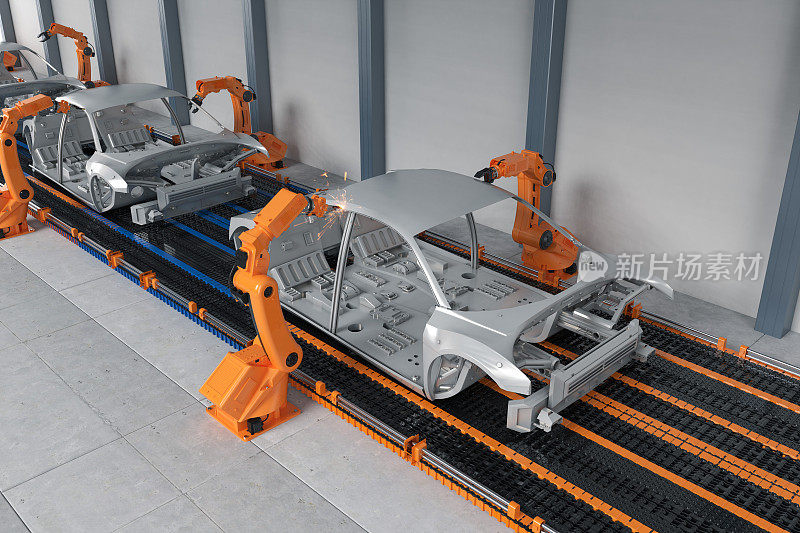 自动化汽车厂概念与机器人装配线在汽车厂