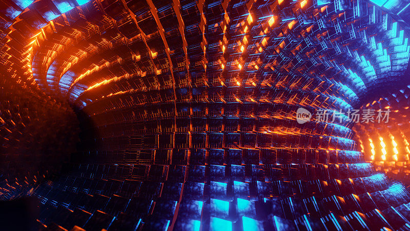 飞过由蓝色和橙色金属方块组成的隧道。3D渲染插图。
