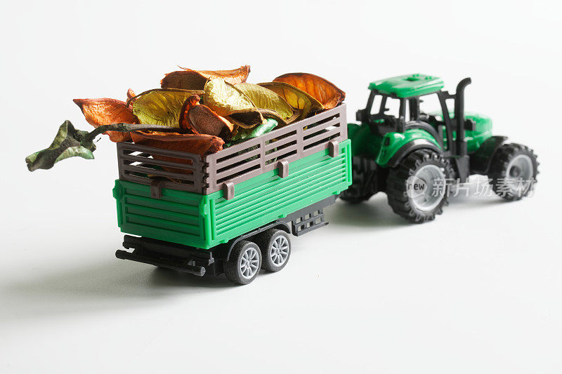 玩具绿色拖拉机在拖车中清除干燥的秋叶。农业工作的概念。有选择性的重点。白色背景。副本的空间。
