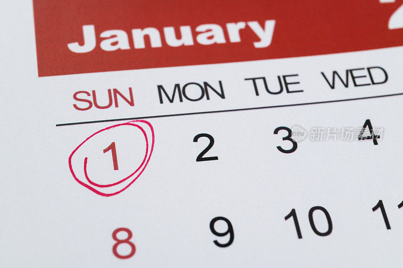 日历上的红色标记是1月1日