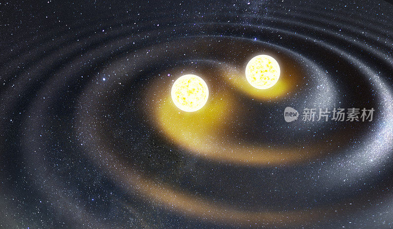 双星系统产生引力波。重力和天体物理学概念。3D渲染插图。