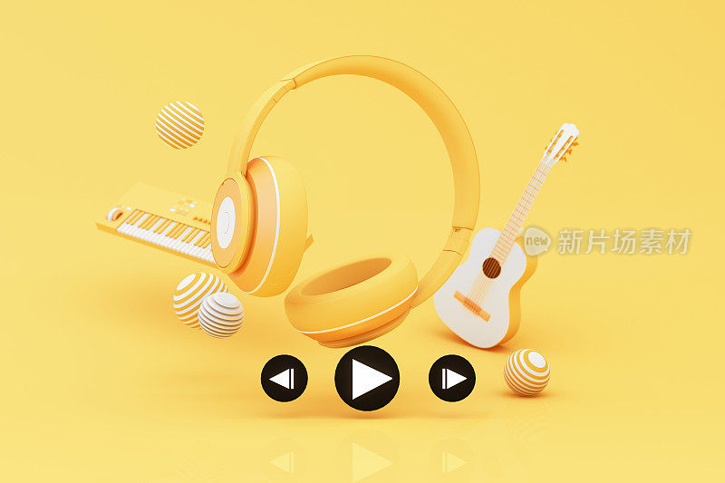 耳机和智能手机的音乐笔记漂浮在黄色背景周围的扬声器与乐器。有趣的歌曲或音乐节的概念。3d渲染插图卡通风格