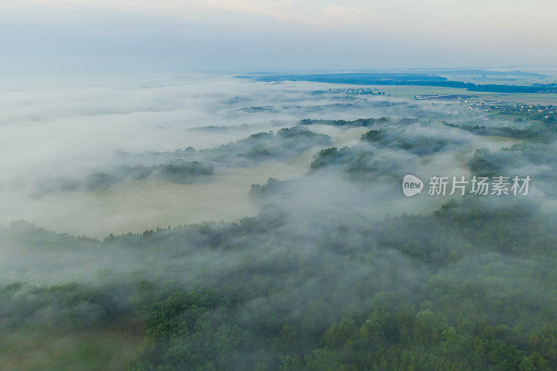 可持续性。晨雾鸟瞰图。大气景观无人机摄影。落叶林。热带雨林