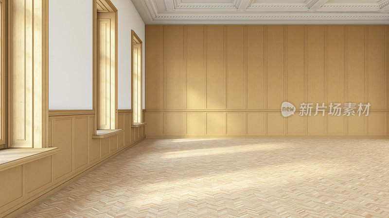 空的大房间与木制墙板