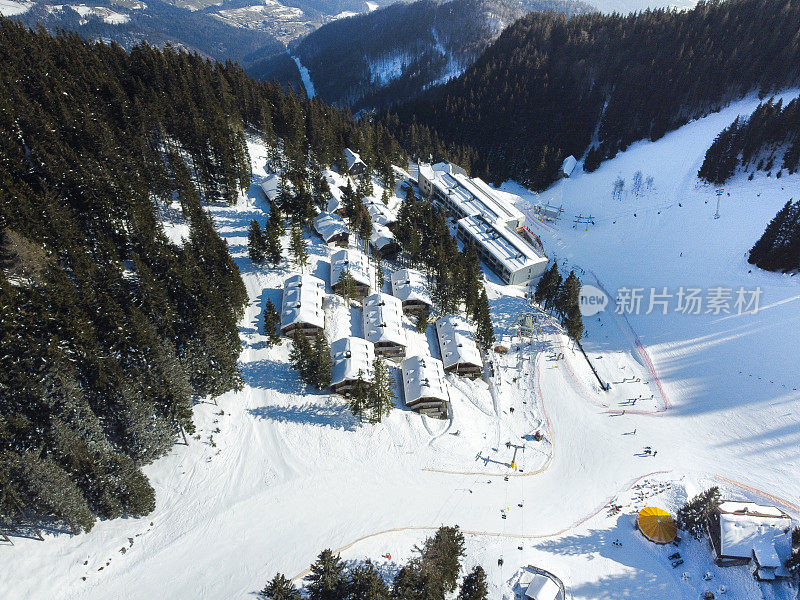 雪山度假胜地的鸟瞰图，滑雪坡和小屋坐落在松树之间。