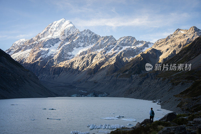 女子站在美丽的冰川，冰川湖和巨大的雪山，新西兰