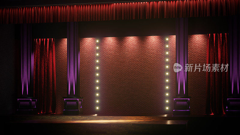 黑暗空旷的舞台与聚光灯。喜剧，单口喜剧，歌舞表演，夜总会舞台3d渲染