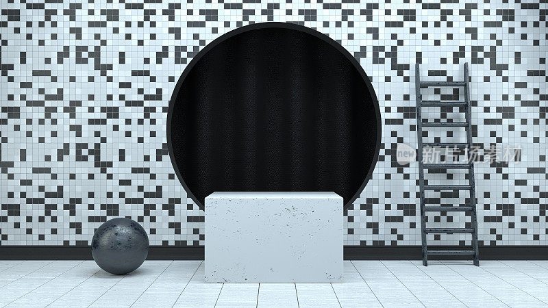 3D空产品站，平台，抽象的最小概念，黑白格子图案背景