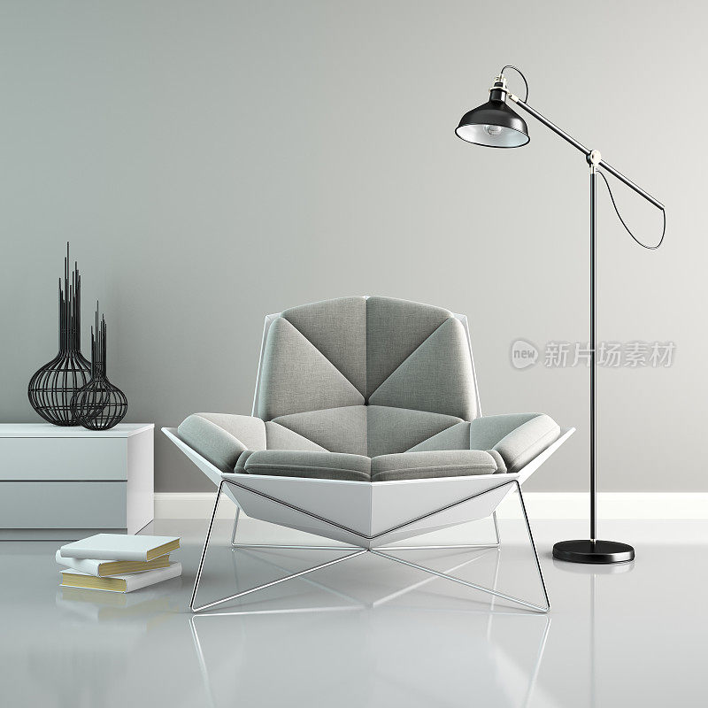 室内部分采用现代灰色扶手椅3D渲染2