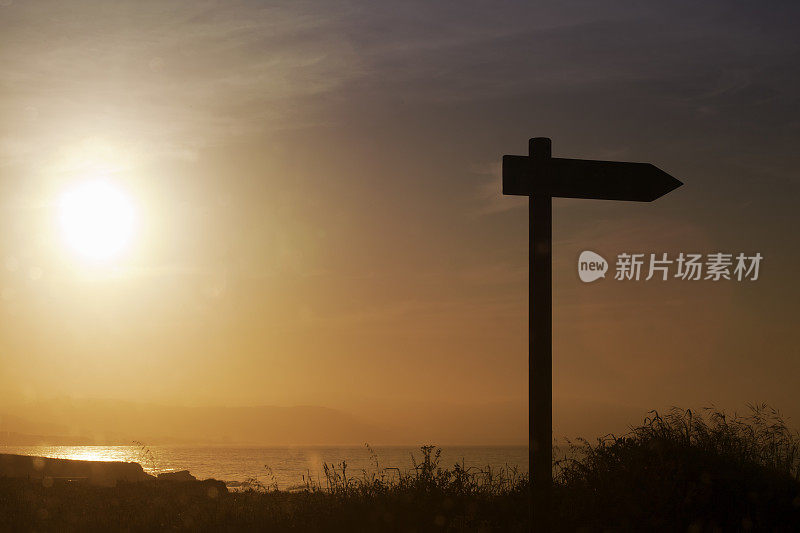 有海景和日落背景的路标。