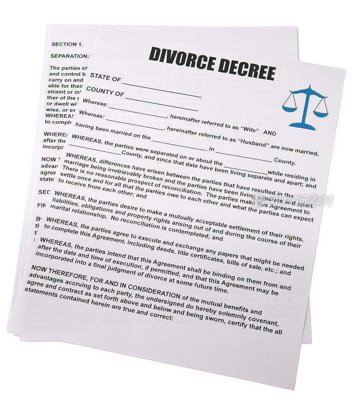空白的离婚判决书，白色的背景与剪接的路径