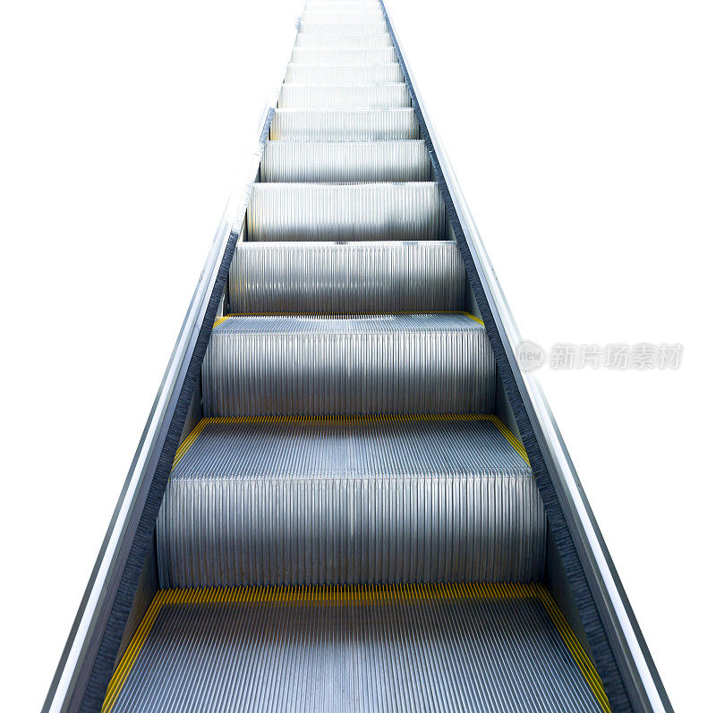 通往成功的阶梯，现代的自动扶梯，白色的方形背景，复制空间