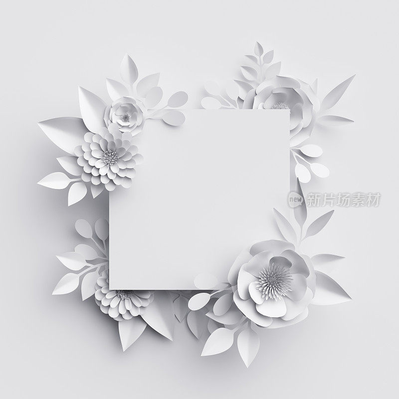 3d渲染，抽象的白纸花，方形框架，花卉背景，装饰，贺卡模板，空白横幅