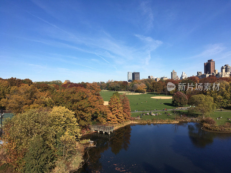 从观景楼俯瞰纽约中央公园。俯瞰海龟池塘和大草坪在标志性的纽约中央公园。
