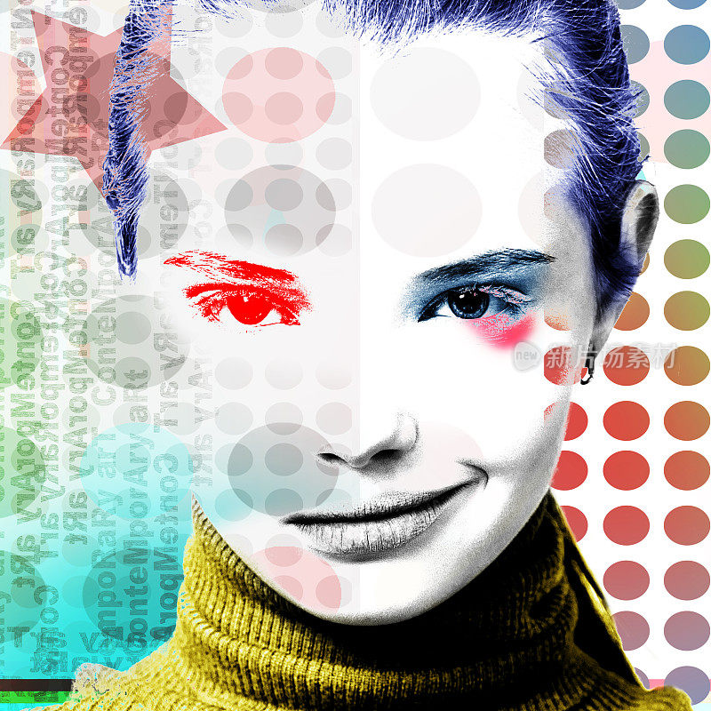 一张现代波普艺术风格的漂亮微笑女孩的肖像海报。
