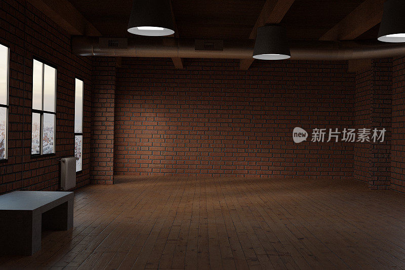 3d渲染的空工作室房间与红砖