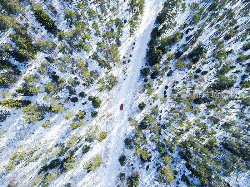 一辆红色汽车在白色的冬季道路上的鸟瞰图。冬天的乡村景观。航拍雪域森林与一辆汽车在道路上。无人机从上面捕获。四轴飞行器。鸟眼视图。