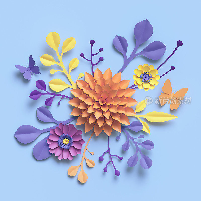 3d渲染，纸花，植物背景，花卉剪辑艺术，圆形花束，蜡笔糖果颜色，充满活力的调色板