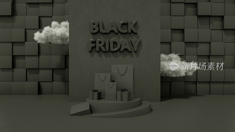 3D黑色星期五概念，礼盒，购物袋和黑色背景上的云