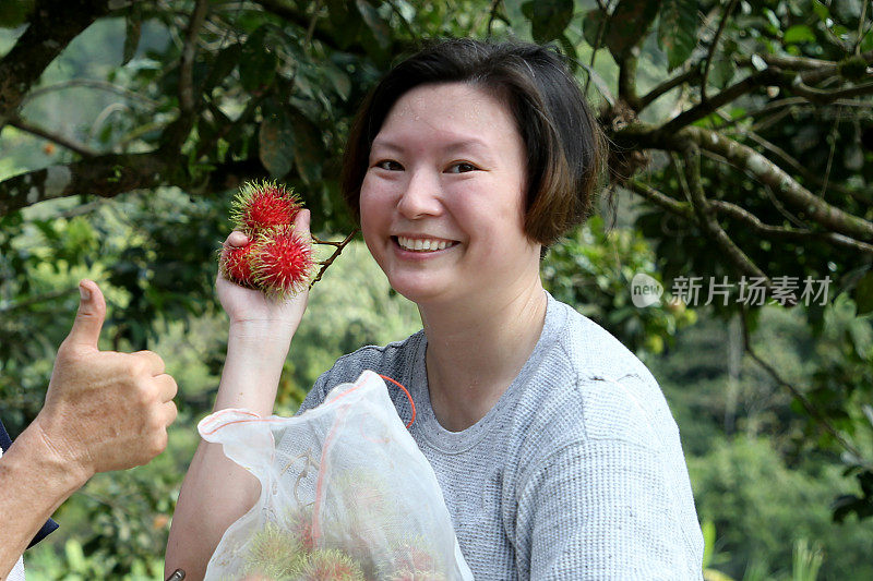 微笑的女人拿着草莓在植物上