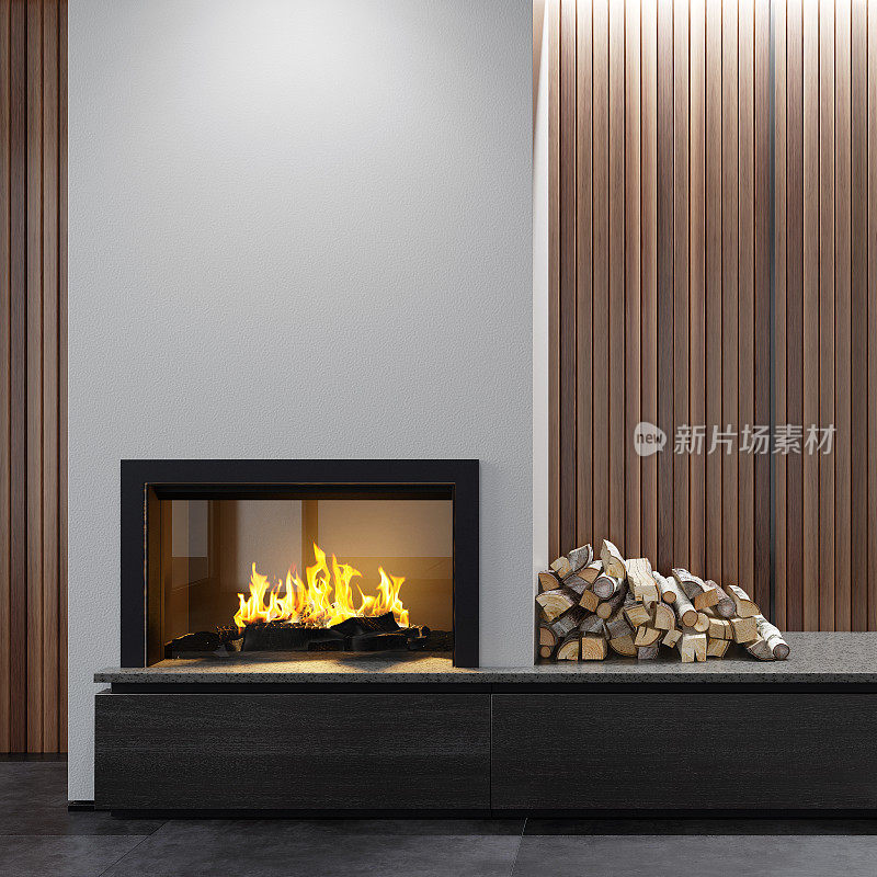 现代极简公寓室内客厅与壁炉