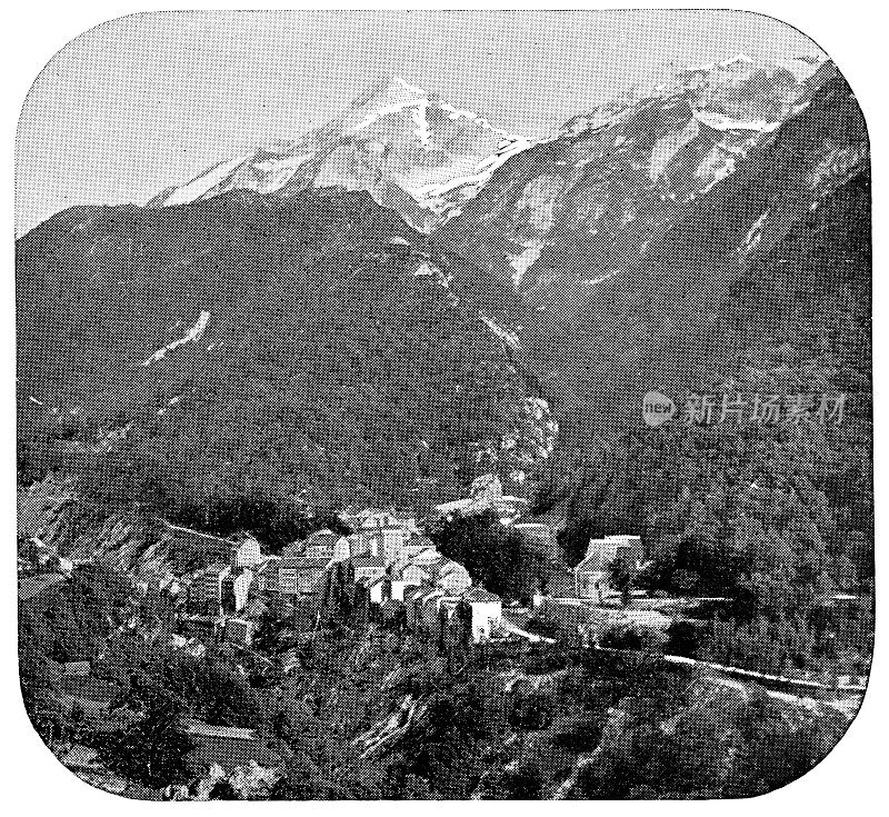 皮克·德热和法国比利牛斯山脉的欧波恩镇——19世纪