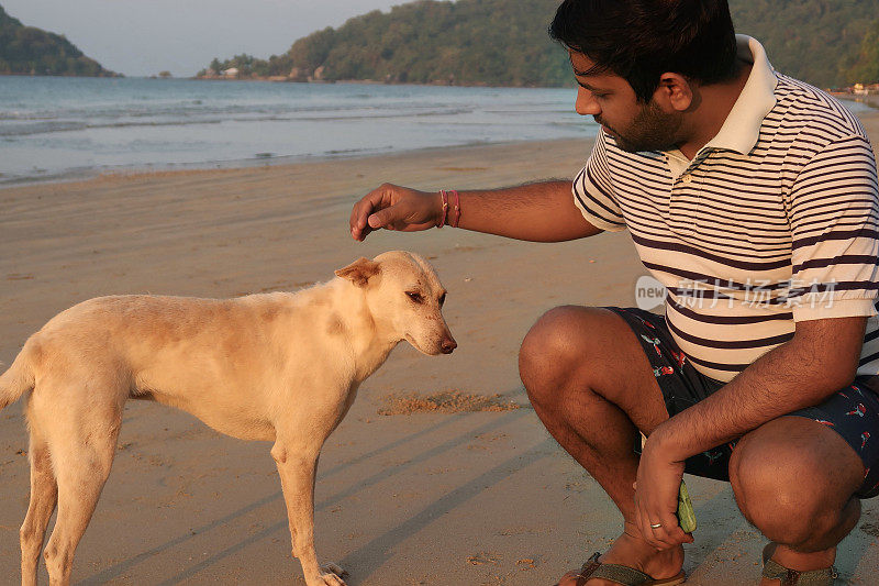 印度男子蹲在沙滩上抚摸一只流浪狗的特写照片，帕洛伦，果阿，印度