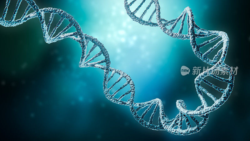 双螺旋DNA链在蓝色背景与复制空间3D渲染插图。遗传学，科学，基因组，医学，生物学概念。