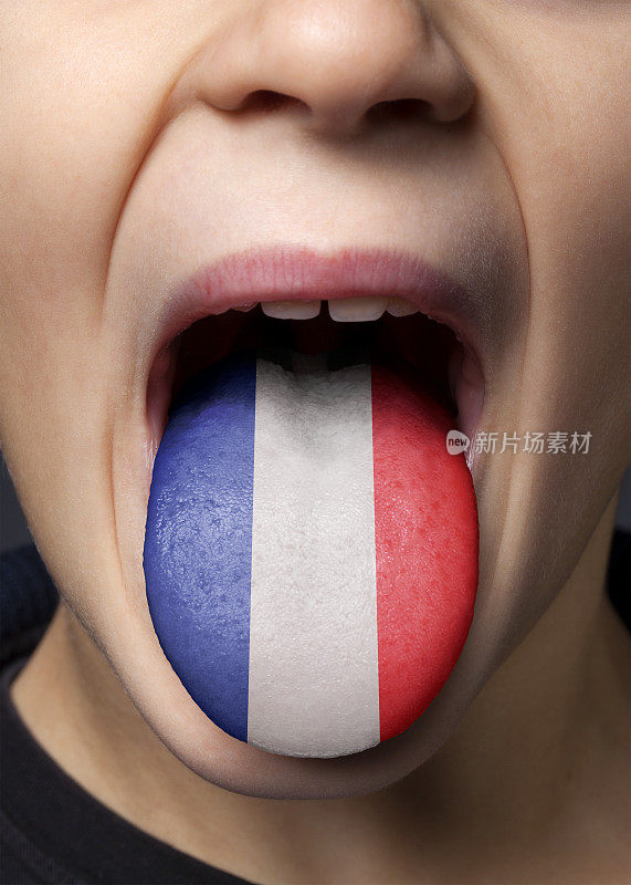 法国的语言。用孩子的语言画的法国国旗。