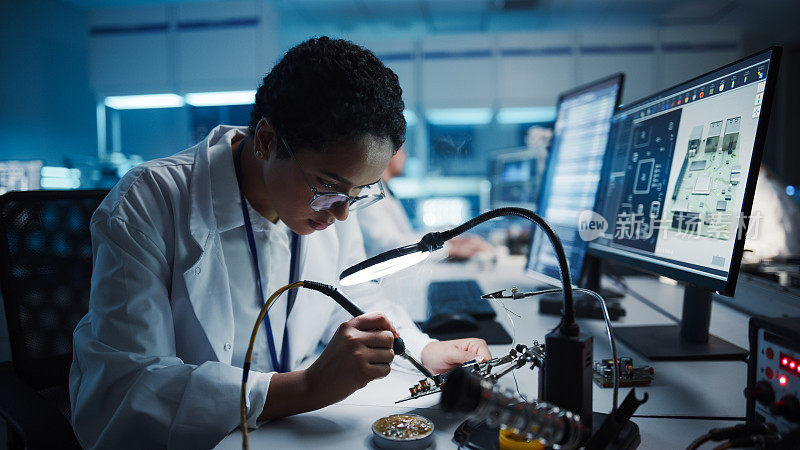 现代电子研究，发展设施:黑人女工程师做电脑主板焊接。科学家设计工业PCB，硅微芯片，半导体。中景镜头