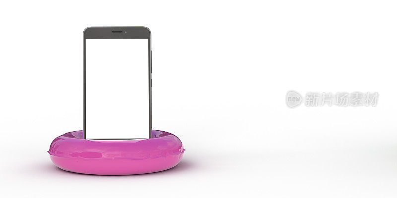 手机在一个充气的粉红色环在白色的背景和大的拷贝空间。