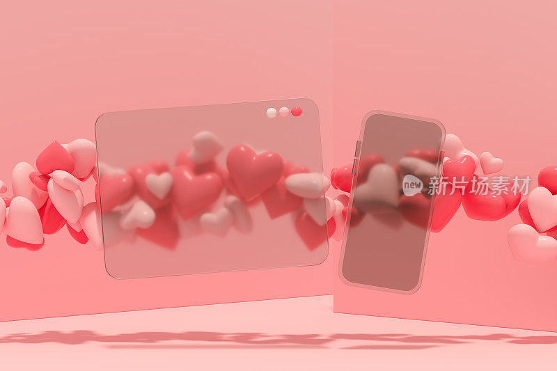 情人节空白屏幕智能手机和网页窗口与飞行的心在粉红色的背景