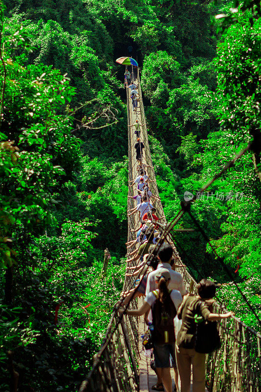 海南三亚森林公园的吊桥上，人们在桥上
