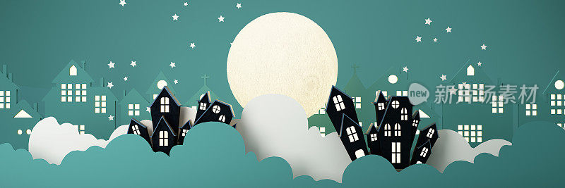 快乐的万圣节派对海报，以卡通插图的夜云和南瓜。满月和boo鬼与鬼屋的地方为文本。宣传册的背景。3d渲染卡通人物
