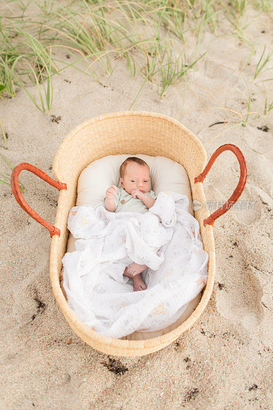 2022年11月，佛罗里达州棕榈滩金色日出时，新生男婴在沙滩上舒适的海草摩西篮子里，周围是海草
