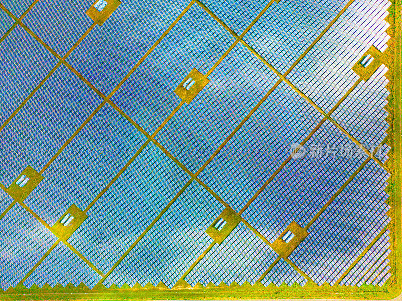 太阳能农场的太阳能电池板(太阳能电池)的俯视图，绿树和阳光反射。农村的光伏工厂田地，蓝天。