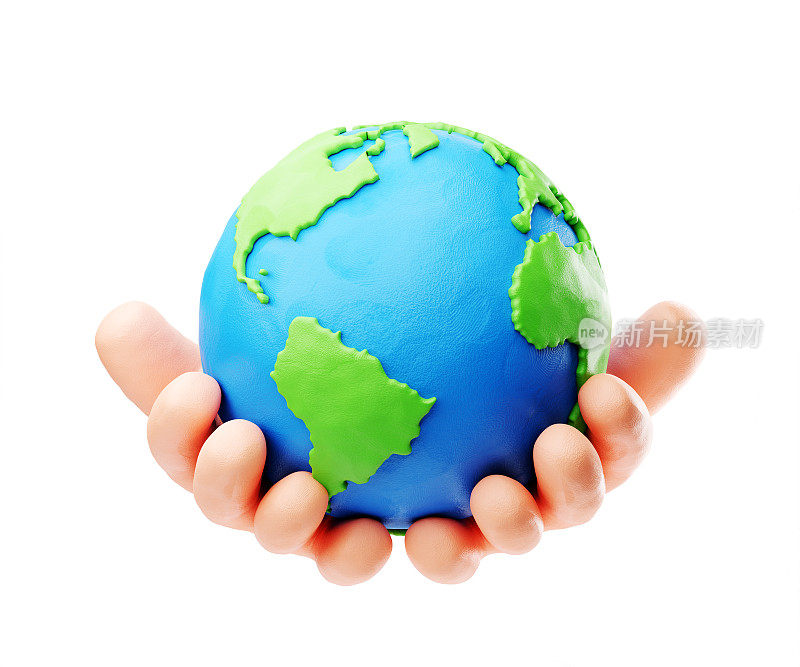 维持地球概念:人类橡皮泥风格的手握着地球