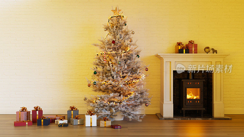 客厅里的圣诞树和礼盒，白色砖墙和壁炉，3d渲染