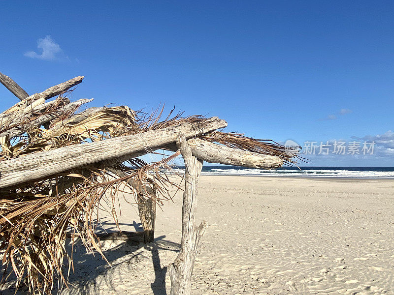 浮木和棕榈小屋在海滩