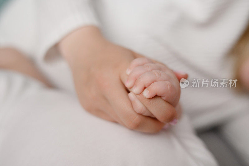 妈妈把婴儿的手放在手心，特写。新生儿，母性，家庭，生育概念，产假。母亲关怀新生婴儿，母亲关爱新生婴儿。