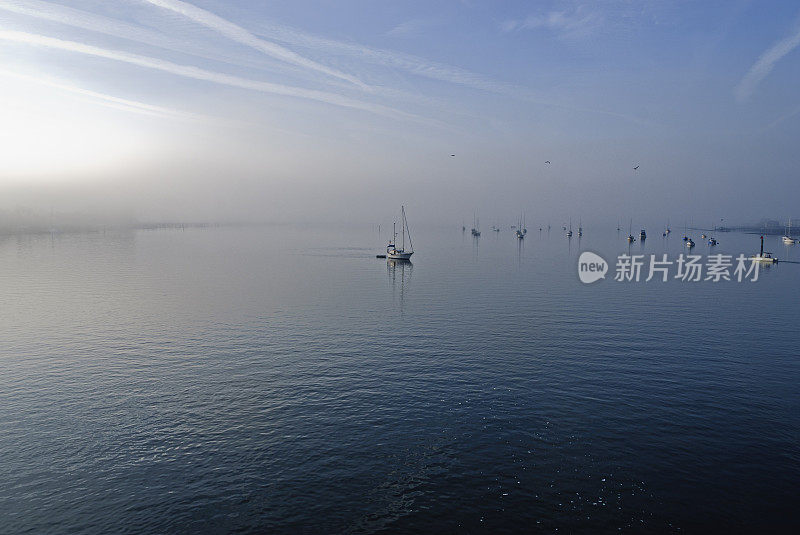 日出和薄雾在佛罗里达海岸间&amp;停泊帆船
